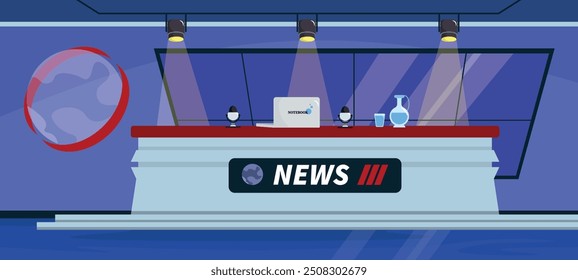 Vector illustration of a beautiful news studio.Cartoon scene of a modern interior of a news studio with windows, a planet element, a table, a laptop, a jug and a glass of water, spotlights with light.