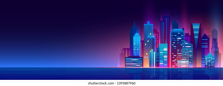 Vector illustration of beautiful night city with neon lights and glow colors. Modern big city, night megapolis.