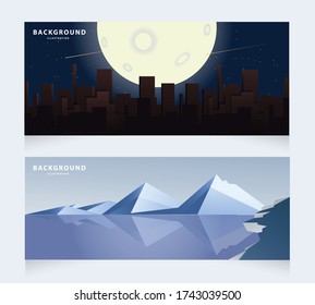 Vector illustration of beautiful Night cityscape and Artic landscape with icebergs.