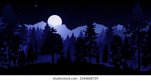 Vector illustration of a beautiful night forest landscape with silhouetted trees, dark skies, stars and a glowing moon. Perfect for wallpapers and designs.