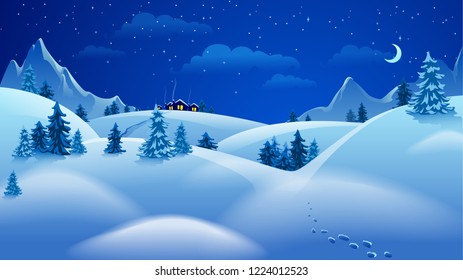 Vector illustration with beautiful night landscape in modern flat style. Template for design of banners, posters and much more. Hill houses with winter weather and blue mountains at night