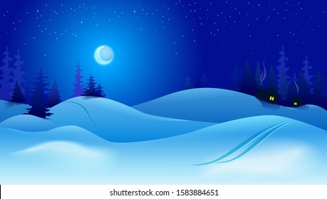 Vector illustration with beautiful night landscape in modern flat style. Template for design of banners, posters and much more. Hill houses with winter weather and blue mountains at night