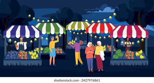 Vector illustration of a beautiful night market. Cartoon scene of various trade tents with street garlands, products, fruits and vegetables, people, buyers and sellers, trees, starry night sky.