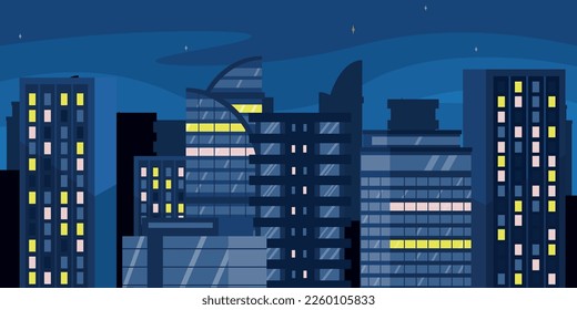 Vector illustration of a beautiful night modern futuristic city. Cartoon city night landscape with residential and office minimalist buildings and lights in windows and stars.