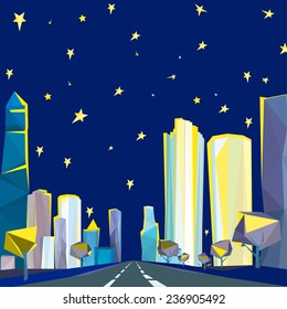 Vector illustration of beautiful night modern polygonal cityscape with skyscrapers