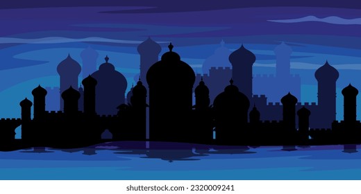 Vector illustration of a beautiful night view of an Islamic city. Cartoon scene with a night landscape of Islamic architecture, mosques, domes and columns, the sea. Arab city.