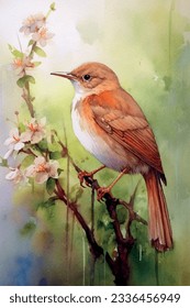 Vector illustration of a beautiful nightingale bird sitting on a spring tree branch