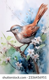 Vector illustration of a beautiful nightingale bird sitting on a spring tree branch