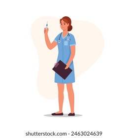 Vector illustration of a beautiful nurse girl.Cartoon scene of nurse in blue coat, stethoscope on neck, holding syringe in hand to give injection to patient, pad of paper isolated on white background.