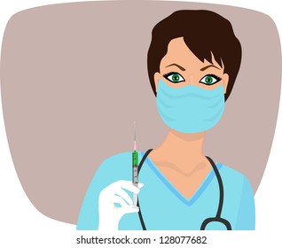 Vector illustration of beautiful nurse ready to make an injection