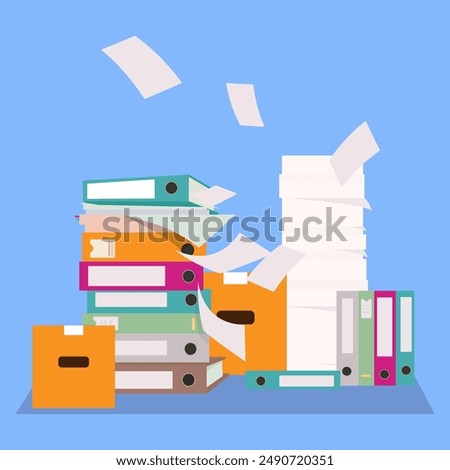 Vector illustration of beautiful office supplies. Cartoon scene of piles of colored folders, stacks of paper, sheets falling chaotically isolated on blue background. Stationery for study, work.