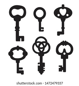 vector illustration of beautiful old door key silhouettes for icons