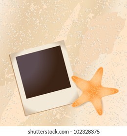 Vector illustration of beautiful old photo and starfish in the sand