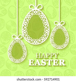 Vector illustration of beautiful openwork, carved paper Easter eggs on green background
