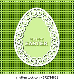Vector illustration of beautiful openwork, carved paper Easter egg on green background
