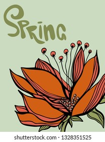 Vector illustration of beautiful orange flower with green lettering. Great design elements for sticker, card, print or poster. Unique drawing isolated on blue background. Spring concept