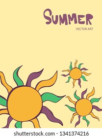 Vector illustration of beautiful orange sun icons. Colorful flower with purple lettering. Great design elements for sticker, card, print or poster. Unique drawing isolated on yellow background. Summer