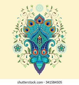 Vector illustration. Beautiful oriental traditional paisley flower with peacock feathers.