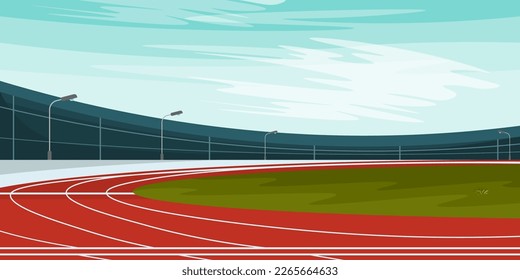 Vector illustration of a beautiful outdoor sports stadium. Cartoon outdoor stadium with running track and green grass. Modern circular stadium.