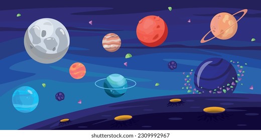 Vector illustration of beautiful outer space. Cartoon scene of space landscape with yellow crater, planets, falling asteroids and stones in the dark sky. Galaxy. Universe. A fantastic view into space.