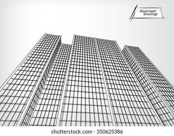 Vector illustration of a beautiful outlined skyscraper. View from below. Useful abstract urban background for business brochure, leaflet, print and other modern and futuristic design.
