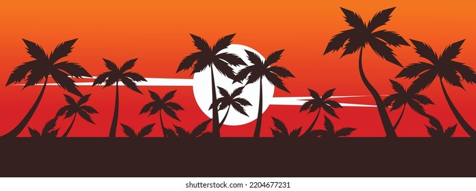 Vector illustration with beautiful palm tree and sky silhouette. With shades of twilight decorated with an orange sky.