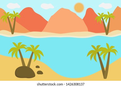 Vector illustration of beautiful panoramic view. Mountains in summer with see or ocean, morning mountain, landscape, sandy beach, mountains, clouds, the sun is shining, horizontal background