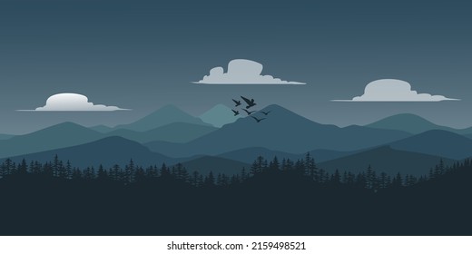 Vector illustration of beautiful panoramic view. Mountains in fog with forest background, landscape.