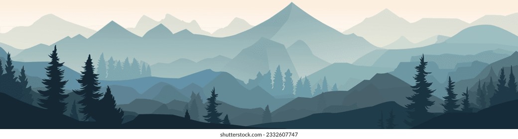 Vector illustration of beautiful panoramic view mountains in fog with forest