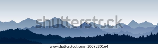 Vector\
illustration of beautiful panoramic view. Mountains in fog with\
forest, morning mountain background,\
landscape.