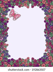 Vector illustration, beautiful pansy spring frame, card concept.