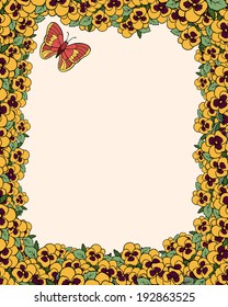 Vector illustration, beautiful pansy spring frame, card concept.