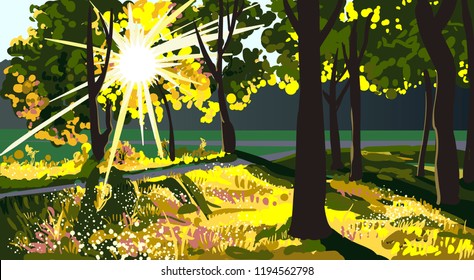 Vector illustration of a beautiful park landscape. Nature forest background. Tree silhouettes, grass, land, sun light, rays, shadows. Trunks, branches, leaves. Early autumn season, sunny day. 