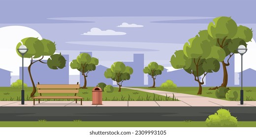 Vector illustration of a beautiful park landscape. Cartoon scene of a beautiful landscape with a bench, a lamppost, a road, a garbage can, trees, bushes, grass and silhouettes of city buildings.