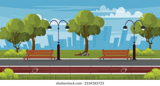 Ilustração vetorial de uma bela paisagem de parque com uma ciclovia. Cena de desenhos animados de silhuetas de casas, bancos, postes de luz, uma estrada, um caminho de bicicleta, árvores, arbustos, grama, pedras, nuvens no céu.