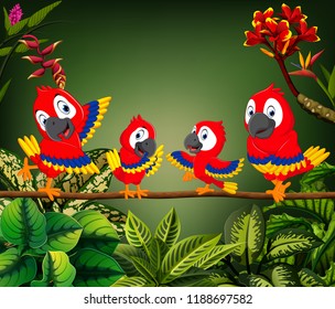 vector illustration of the beautiful parrots perch on the trunk together