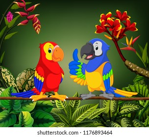 Vector Illustration Of The Beautiful Parrots Are Talking On The Stalk