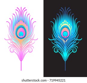 Vector illustration of beautiful peacock feather set isolated on a white background. Trendy hipster background, logotype, tattoo design element. Colorful gradient. Isolated vector illustration.
