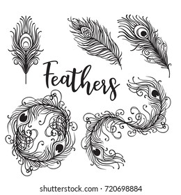 Vector illustration of beautiful peacock feather set isolated on a white background. Trendy hipster background, logotype, tattoo design element. Colorful gradient. Isolated vector illustration.