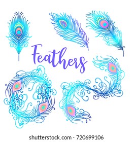 Vector illustration of beautiful peacock feather set isolated on a white background. Trendy hipster background, logotype, tattoo design element. Colorful gradient. Isolated vector illustration.