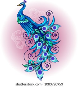 Vector illustration, beautiful peacock with long tail