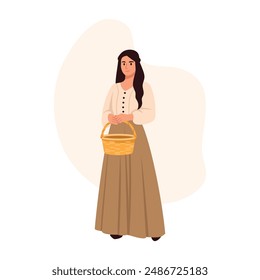 Vector illustration of a beautiful peasant girl.Cartoon scene of a medieval village girl holding a wicker basket, wearing a shirt with puffy sleeves, a brown long skirt isolated on a white background.