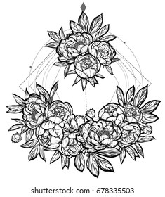 Vector illustration. Beautiful Peonies. Handmade, background white, prints on T-shirts, tattoos. sacred geometry
