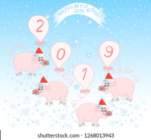 Vector illustration with beautiful pigs wishing "Happy New Year 2019!" 