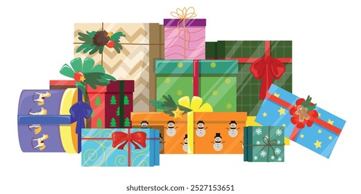 Vector illustration of a beautiful pile of Christmas gifts. Cartoon scene of New Year's gifts packed in different boxes, wrapping paper with patterns, bows, ribbons, gingerbread, cones, fir branches.