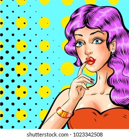 Vector illustration of beautiful pin up girl with finger on lips. Woman thinking in retro pop art comic style.