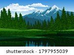 Vector illustration of beautiful pine forest and mountain with lake