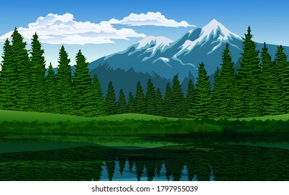 Vector illustration of beautiful pine forest and mountain with lake