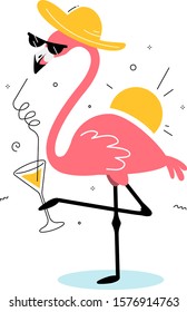 Vector illustration of beautiful pink flamingo in sun hat and sunglasses drinking cocktail and standing on one leg on white background with sun. Flat style design of flamingo for web, site, banner