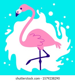 Vector illustration of beautiful pink flamingo standing on one leg on green background with splash frame. Flat style design of flamingo for web, site, banner, card, sticker, print